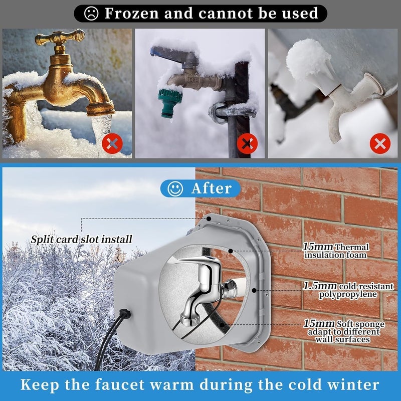 Bornerwhite 1 Pcs 2 in 1 Extra Long Pet Proof Outdoor Faucet Covers Winter w/Lock 8.5x7x5.5 in Thick Foam Plastic Spigot Cover Reflective Strips Faucet Cover for Outside Water Faucet Freeze Protection (Gray) - Image 3